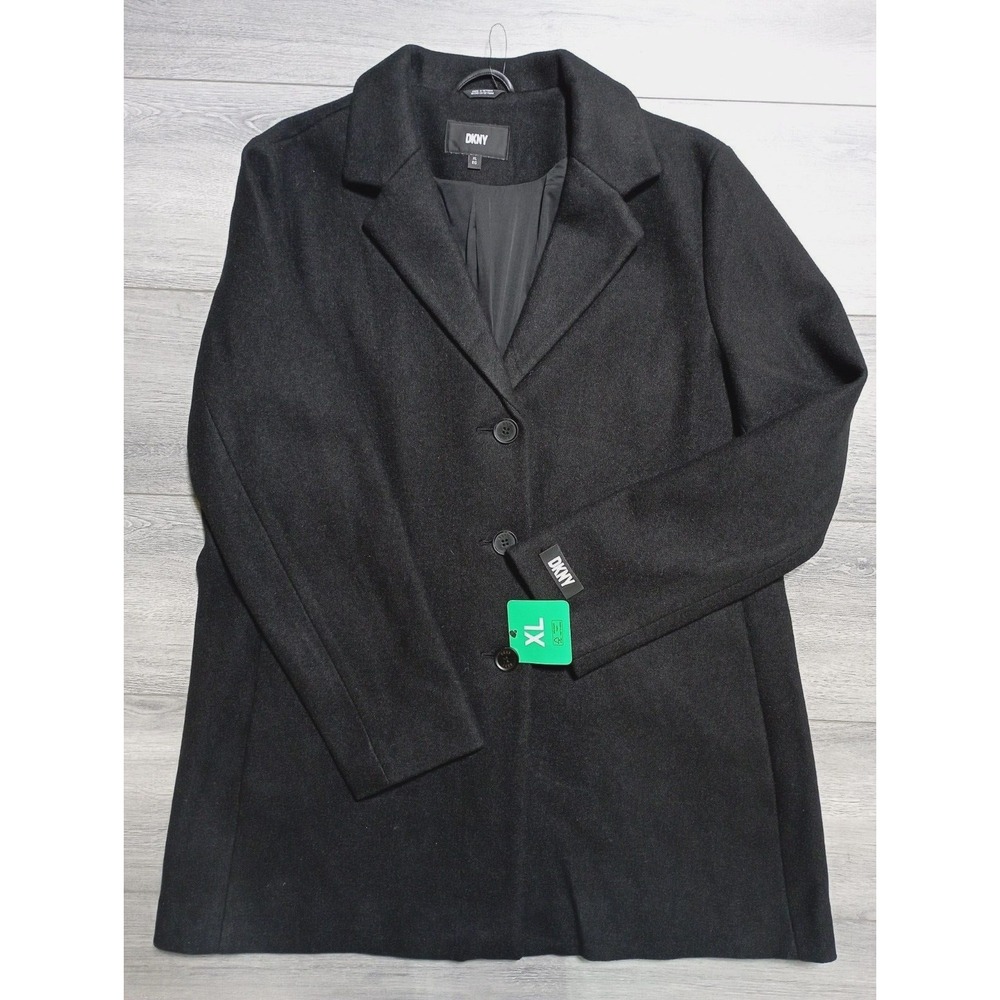 DKNY Coat Adult XL Black Polyester/Wool Collar Buttons Heavy Womens